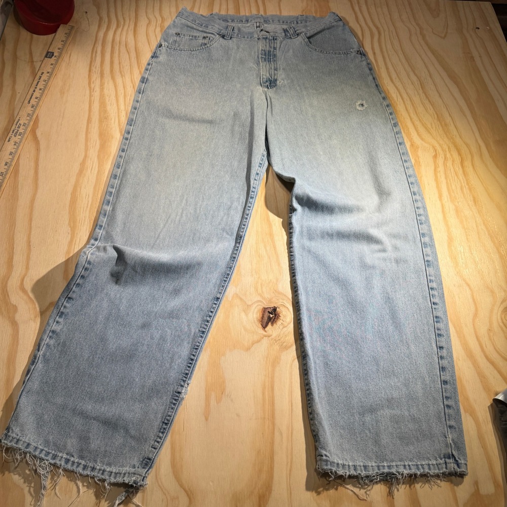 Vintage Lee Men's Loose Wide Leg Light Wash Distressed Frayed Denim Jeans 33
